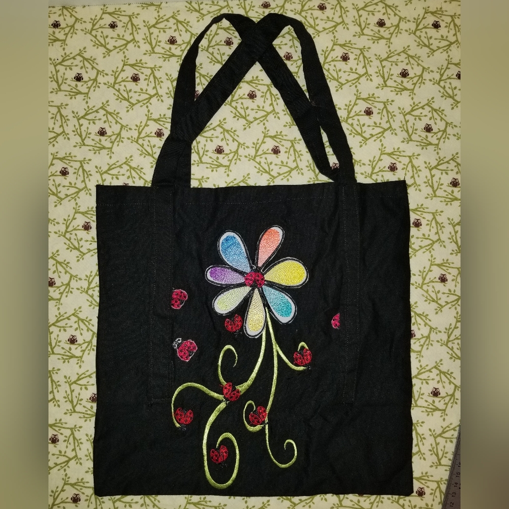 Black Hand Crafted Floral Embroidered Tote Bag - Colorful Flower Design